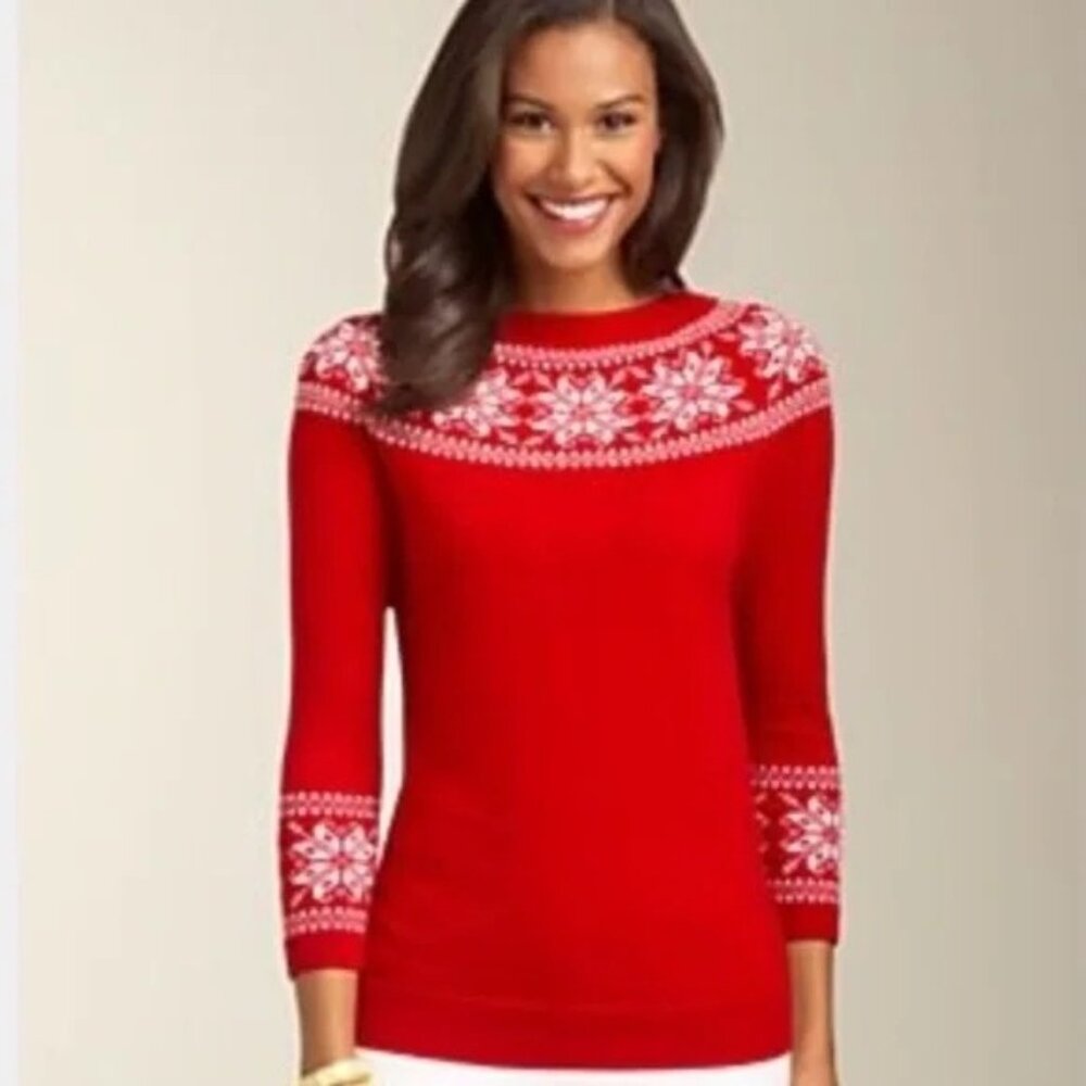 TALBOTS Sweater Beaded Snowflakes Red Lamb's Wool Blend Size Medium Petite - Picture 4 of 12